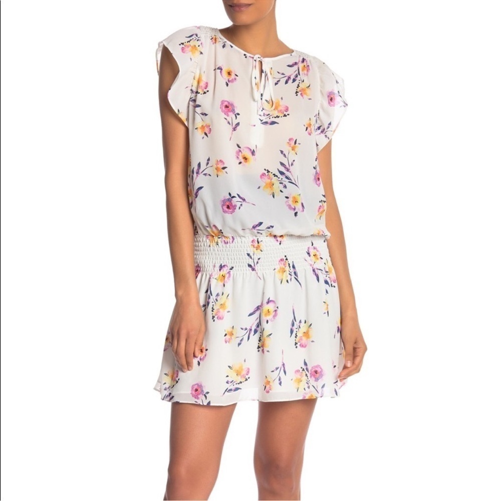 PARKER NWT White Floral Smocked Waist Flutter Sleeve  Mini Dress Large Whimsy